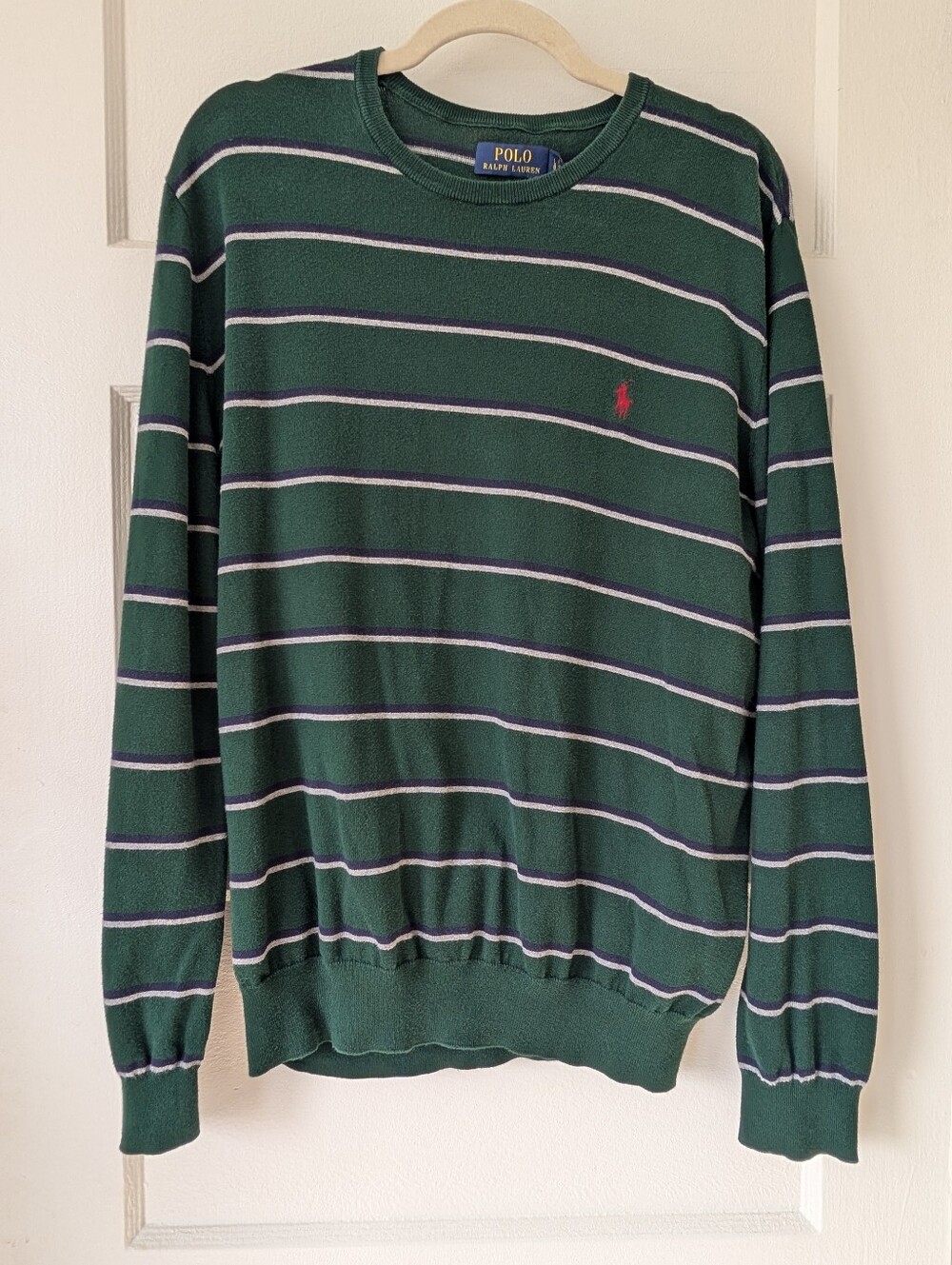 Ralph Lauren Green Striped Crewneck Sweater with Red Pony